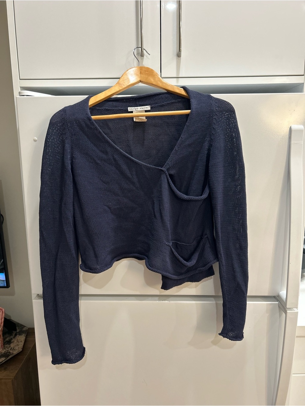 Sarah Pacini Navy Open-Knit Cropped Cardigan with Pocket Detail